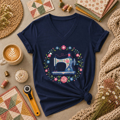 Cross Stitch Sewing Machine Floral Wreath Women's V-Neck - Navy