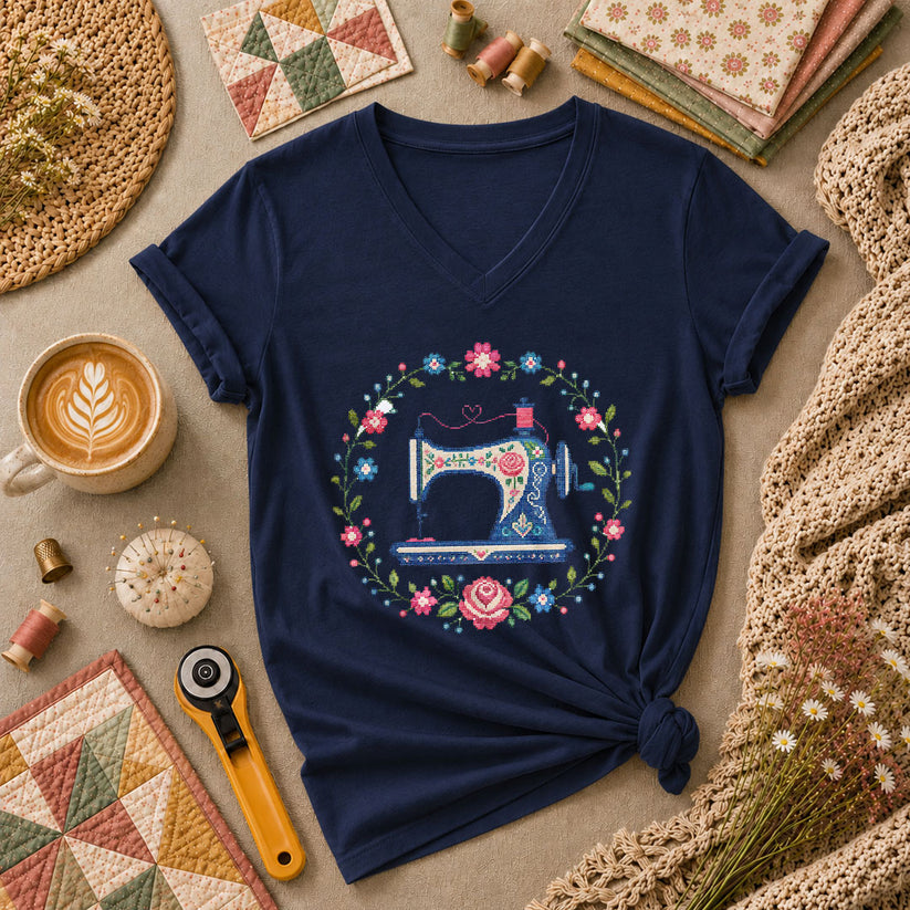 Cross Stitch Sewing Machine Floral Wreath Women's V-Neck - Navy