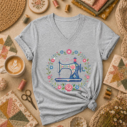 Cross Stitch Sewing Machine Floral Wreath Women's V-Neck - Sport Grey