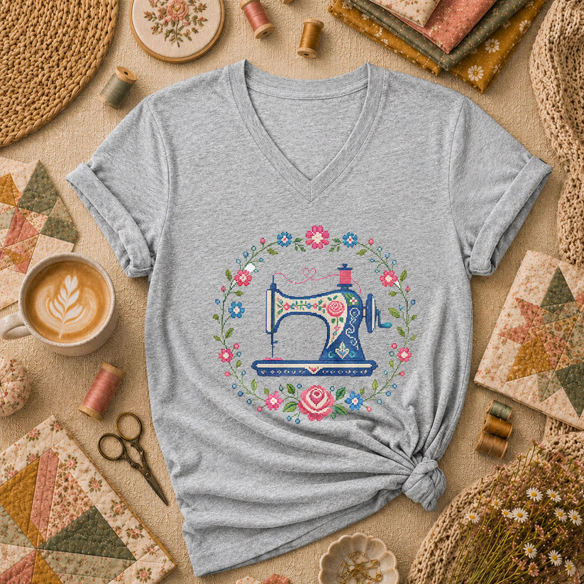 Cross Stitch Sewing Machine Floral Wreath Women's V-Neck - Sport Grey