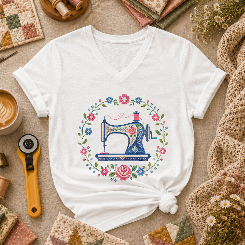 Cross Stitch Sewing Machine Floral Wreath Women's V-Neck - White