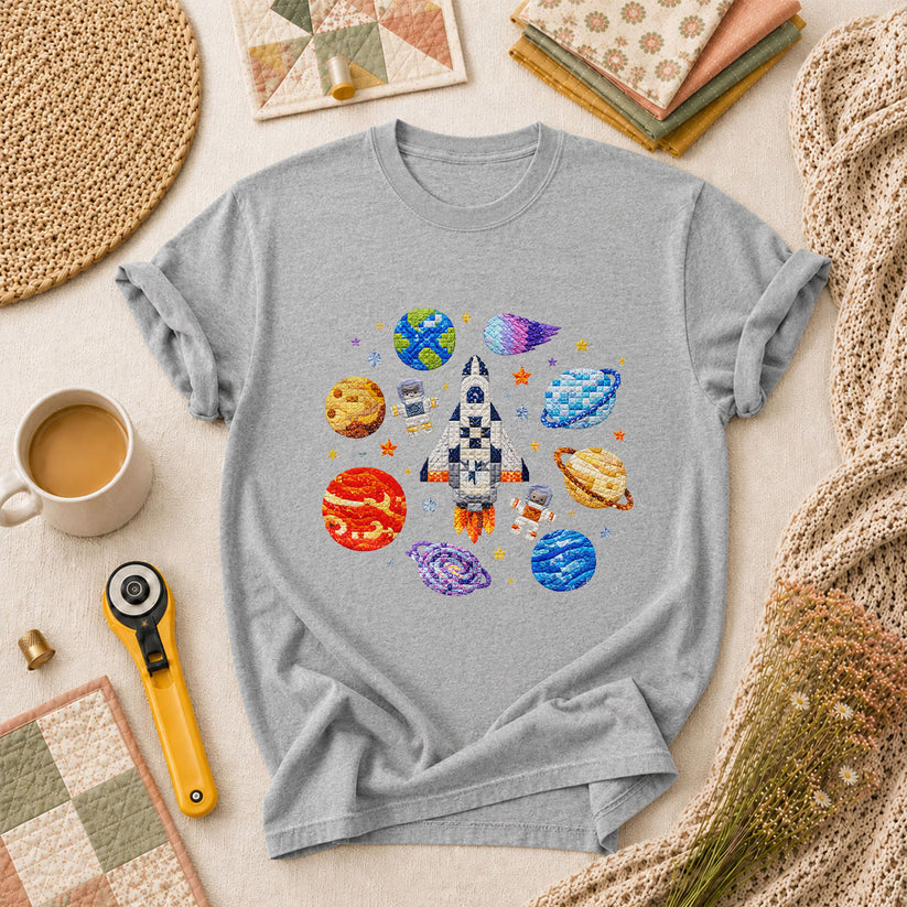 Cross Stitch Space Rocket Planets Astronaut T-Shirt - Athletic Heather