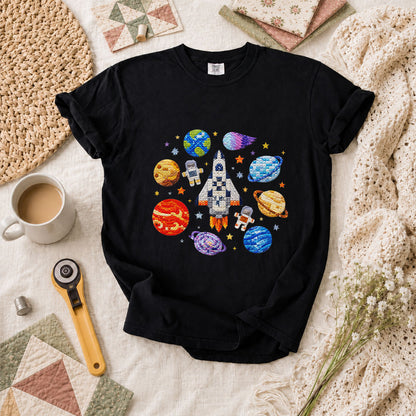 Cross Stitch Space Rocket Planets Astronaut T-Shirt - Black