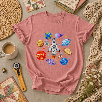 Cross Stitch Space Rocket Planets Astronaut T-Shirt - Heather Mauve
