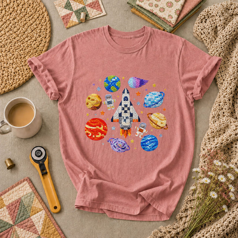 Cross Stitch Space Rocket Planets Astronaut T-Shirt - Heather Mauve