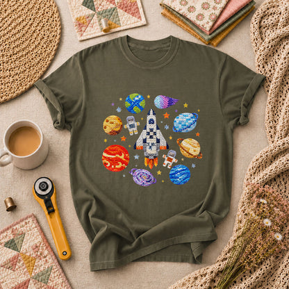 Cross Stitch Space Rocket Planets Astronaut T-Shirt - Military Green