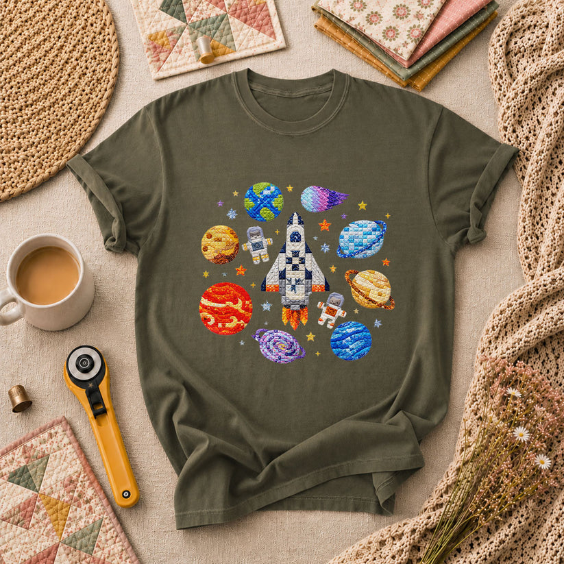 Cross Stitch Space Rocket Planets Astronaut T-Shirt - Military Green