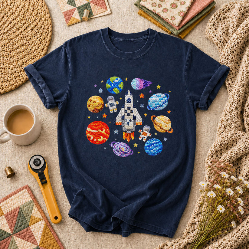 Cross Stitch Space Rocket Planets Astronaut T-Shirt - Navy