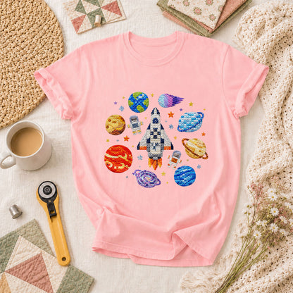 Cross Stitch Space Rocket Planets Astronaut T-Shirt - Pink