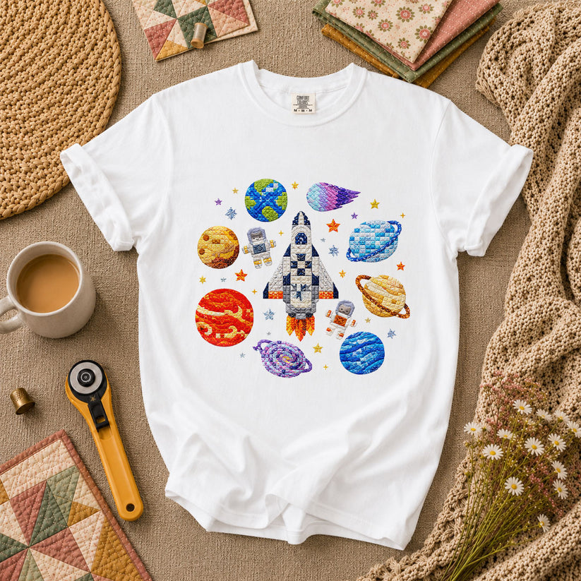 Cross Stitch Space Rocket Planets Astronaut T-Shirt - White