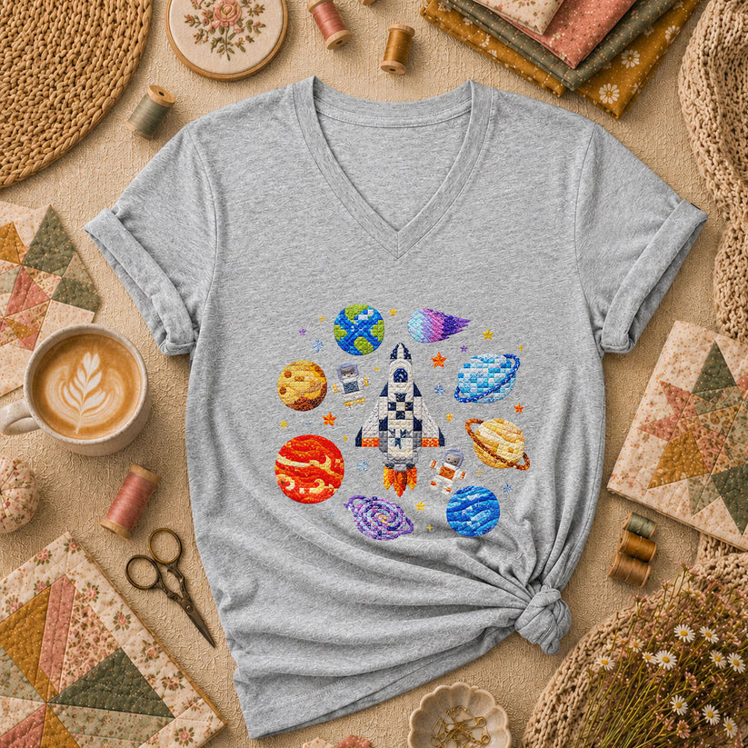Cross Stitch Space Rocket Planets Astronaut Women's V-Neck - Athletic Heather