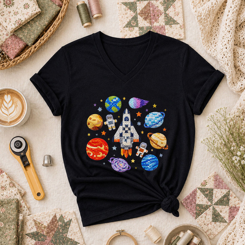 Cross Stitch Space Rocket Planets Astronaut Women's V-Neck - Black