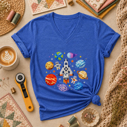 Cross Stitch Space Rocket Planets Astronaut Women's V-Neck - Heather True Royal