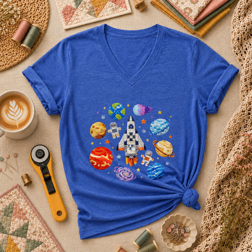 Cross Stitch Space Rocket Planets Astronaut Women's V-Neck - Heather True Royal