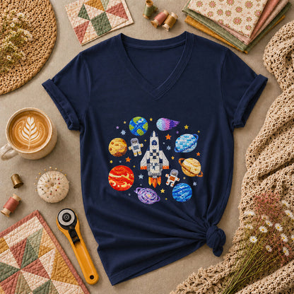 Cross Stitch Space Rocket Planets Astronaut Women's V-Neck - Navy