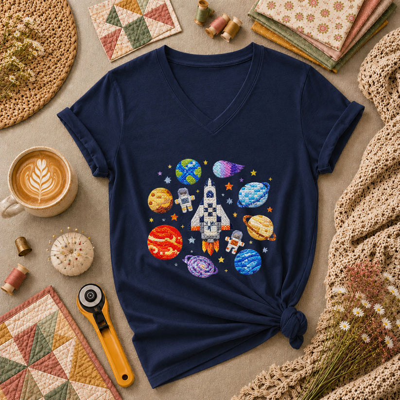 Cross Stitch Space Rocket Planets Astronaut Women's V-Neck - Navy