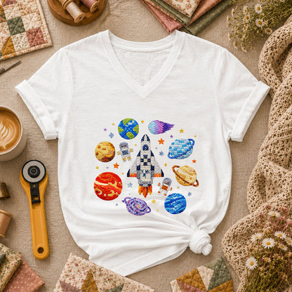 Cross Stitch Space Rocket Planets Astronaut Women's V-Neck - White