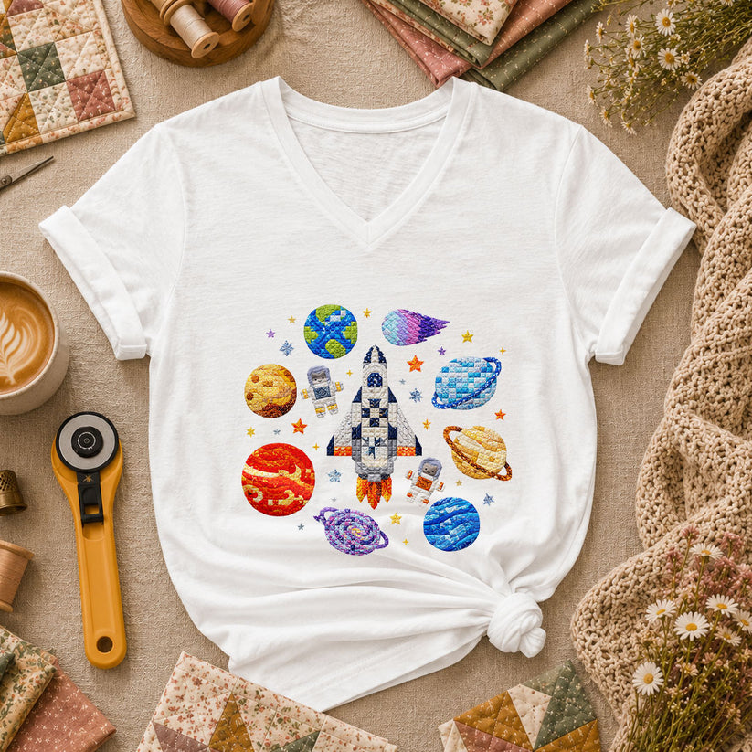Cross Stitch Space Rocket Planets Astronaut Women's V-Neck - White