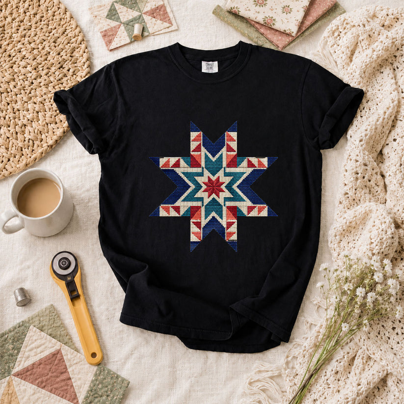 Cross Stitch Star Quilt Block Southwest T-Shirt - Black