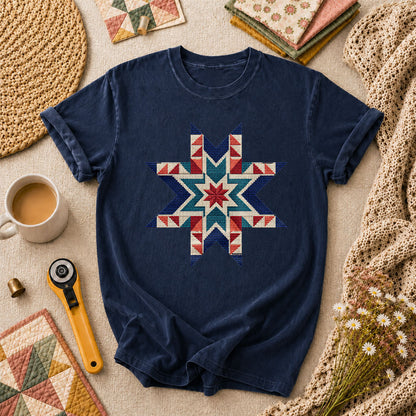 Cross Stitch Star Quilt Block Southwest T-Shirt - Navy