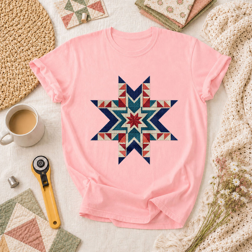 Cross Stitch Star Quilt Block Southwest T-Shirt - Pink
