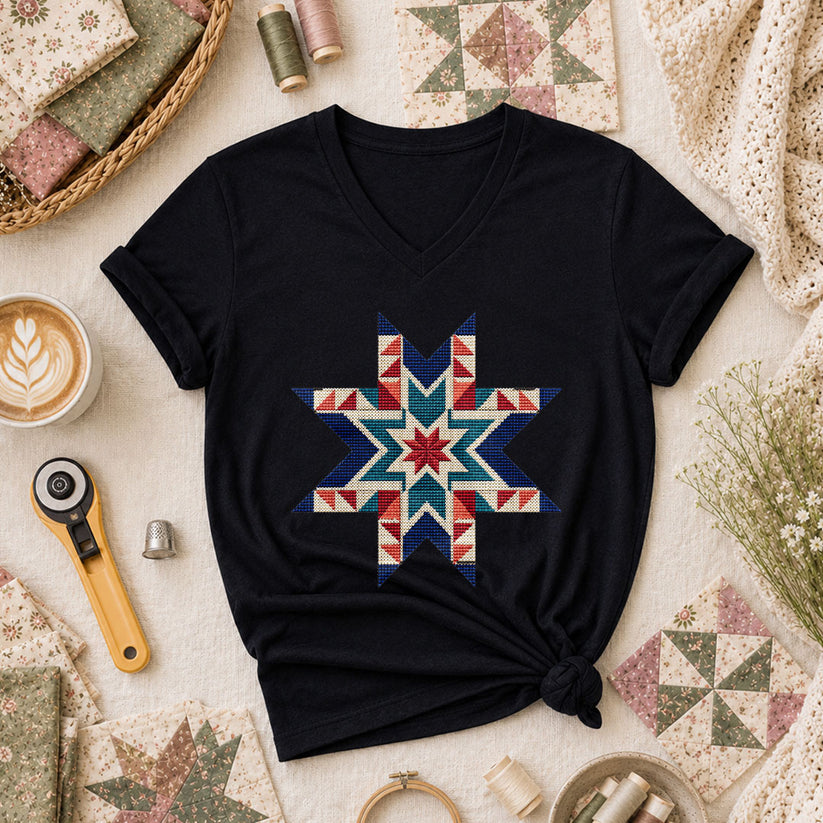Cross Stitch Star Quilt Block Southwest Women's V-Neck - Black