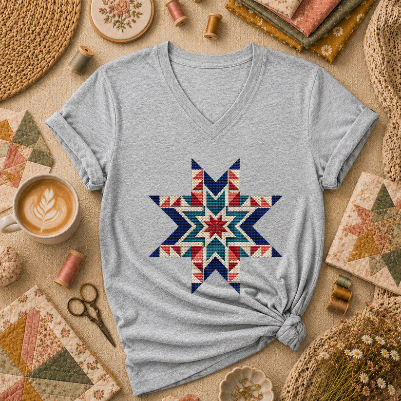 Cross Stitch Star Quilt Block Southwest Women's V-Neck - Sport Grey