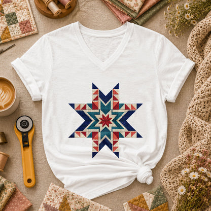 Cross Stitch Star Quilt Block Southwest Women's V-Neck - White