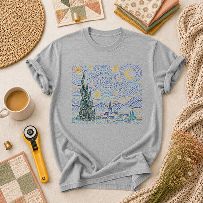Cross Stitch Starry Night Village Van Gogh T-Shirt - Athletic Heather