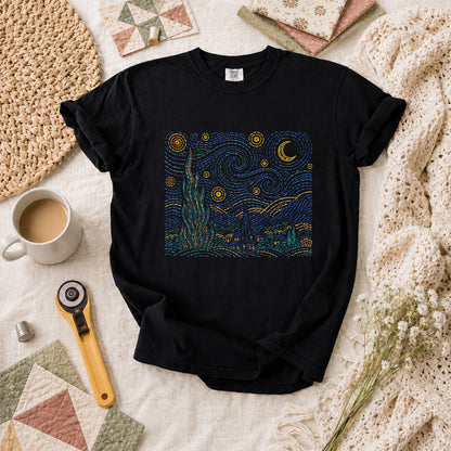 Cross Stitch Starry Night Village Van Gogh T-Shirt - Black