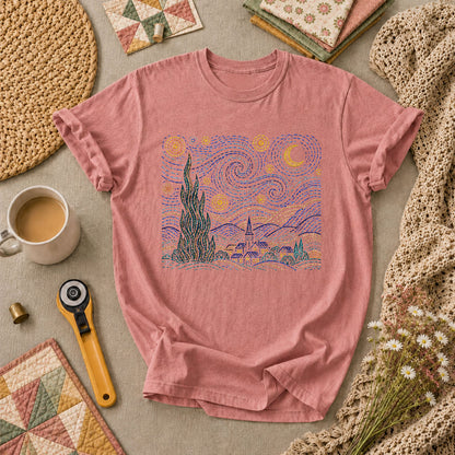 Cross Stitch Starry Night Village Van Gogh T-Shirt - Heather Mauve