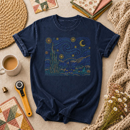 Cross Stitch Starry Night Village Van Gogh T-Shirt - Navy