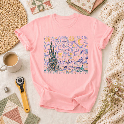 Cross Stitch Starry Night Village Van Gogh T-Shirt - Pink