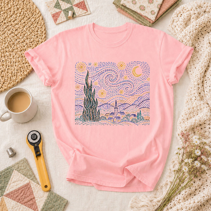 Cross Stitch Starry Night Village Van Gogh T-Shirt - Pink