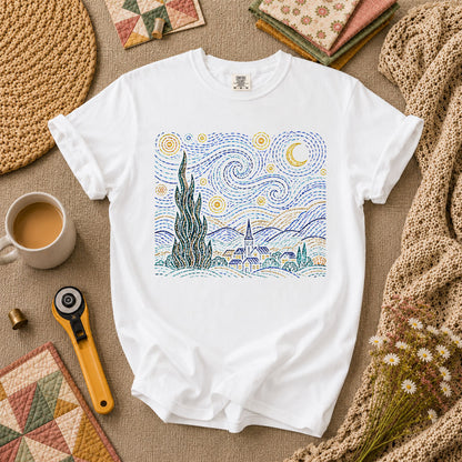 Cross Stitch Starry Night Village Van Gogh T-Shirt - White