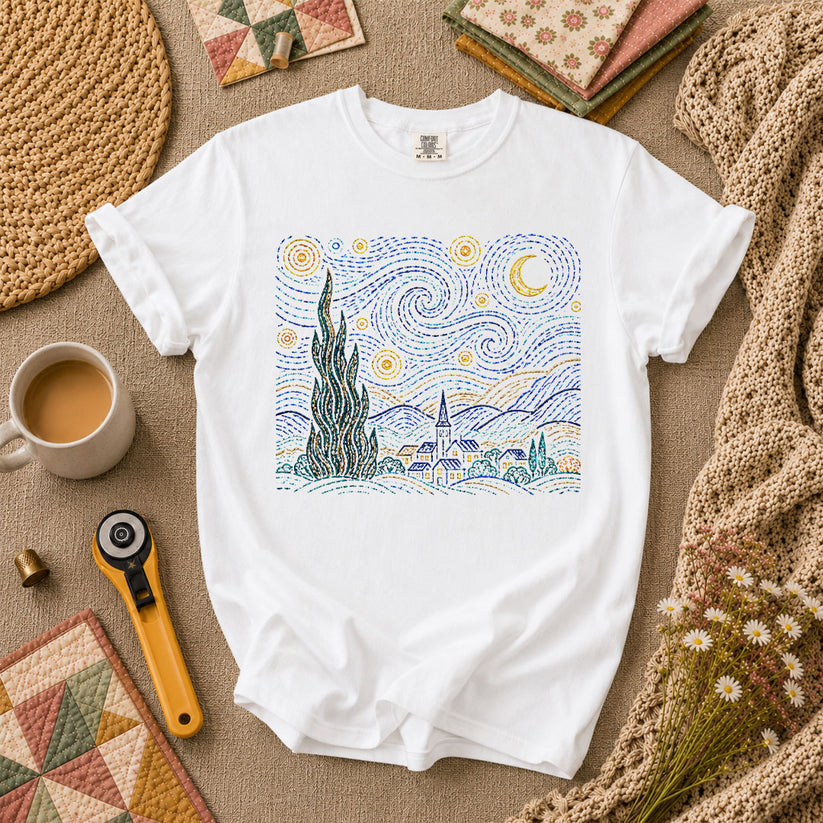 Cross Stitch Starry Night Village Van Gogh T-Shirt - White