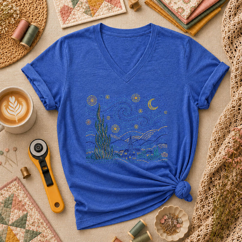 Cross Stitch Starry Night Village Van Gogh Women's V-Neck - Heather True Royal