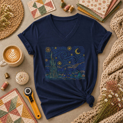Cross Stitch Starry Night Village Van Gogh Women's V-Neck - Navy
