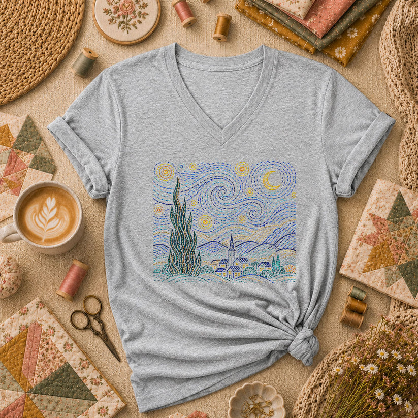 Cross Stitch Starry Night Village Van Gogh Women's V-Neck - Sport Grey