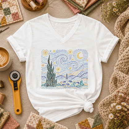 Cross Stitch Starry Night Village Van Gogh Women's V-Neck - White