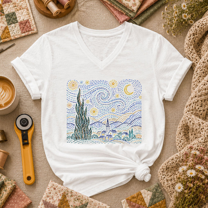 Cross Stitch Starry Night Village Van Gogh Women's V-Neck - White