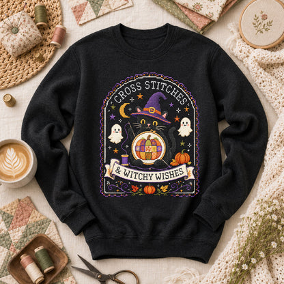 Cross Stitches And Witchy Wishes Black Cat Long Sleeve - Black