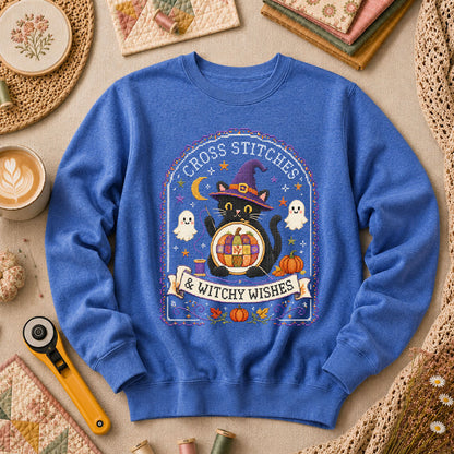 Cross Stitches And Witchy Wishes Black Cat Long Sleeve - Heather True Royal