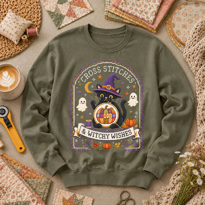 Cross Stitches And Witchy Wishes Black Cat Long Sleeve - Military Green