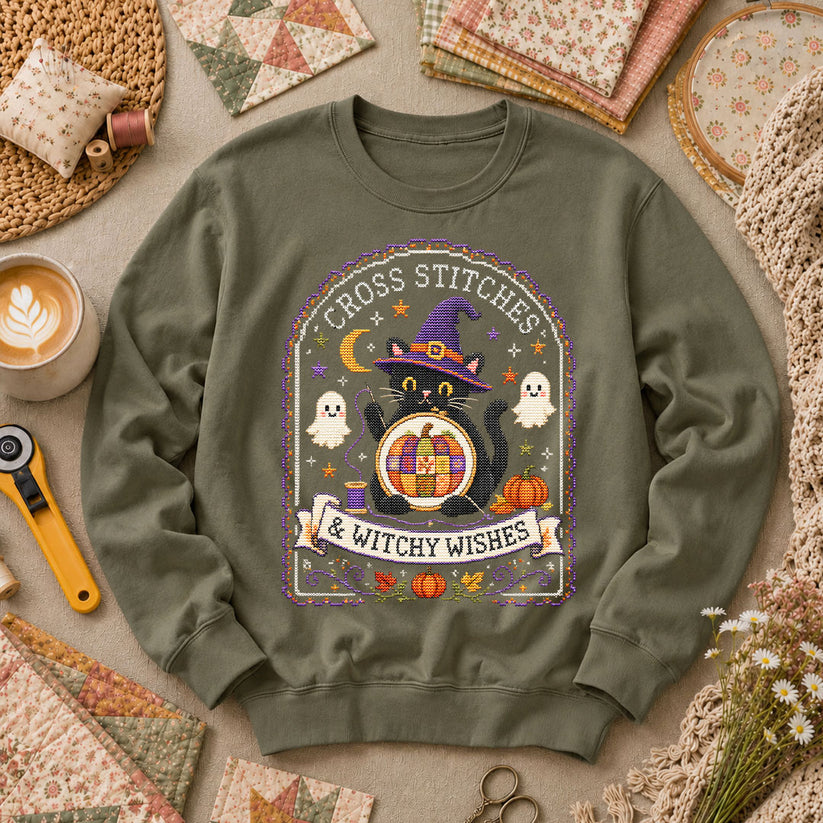 Cross Stitches And Witchy Wishes Black Cat Long Sleeve - Military Green