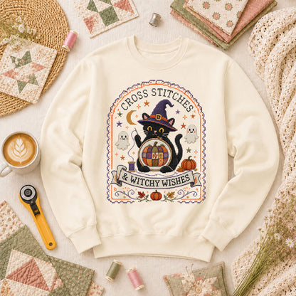 Cross Stitches And Witchy Wishes Black Cat Long Sleeve - Natural