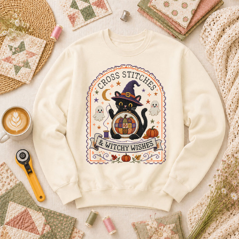 Cross Stitches And Witchy Wishes Black Cat Long Sleeve - Natural