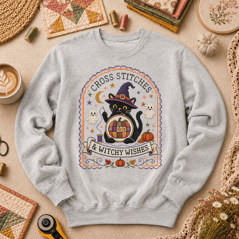 Cross Stitches And Witchy Wishes Black Cat Long Sleeve - Sport Grey