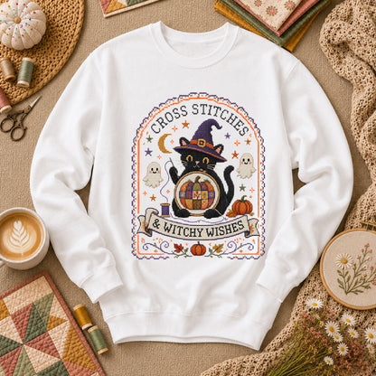 Cross Stitches And Witchy Wishes Black Cat Long Sleeve - White