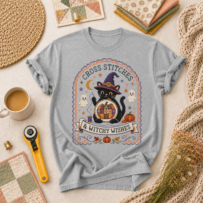Cross Stitches And Witchy Wishes Black Cat T-Shirt - Athletic Heather